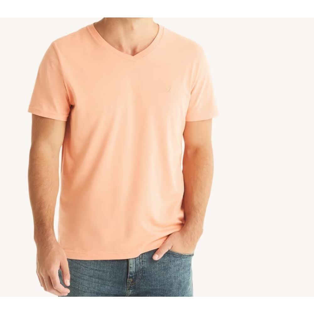 Nautica Men’s V-Neck T-Shirt Peach Light Coral Short Sleeve 100% Cotton Size M